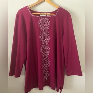 Alfred Dunner | Dark Pink Women’s Long Sleeve Square Neck Line Stitched Top